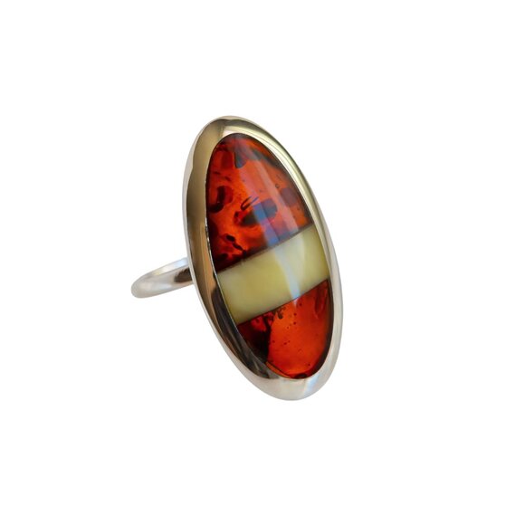 Baltic Cognac and White Amber Oval Cut Statement Ring in 925 Sterling Silver
